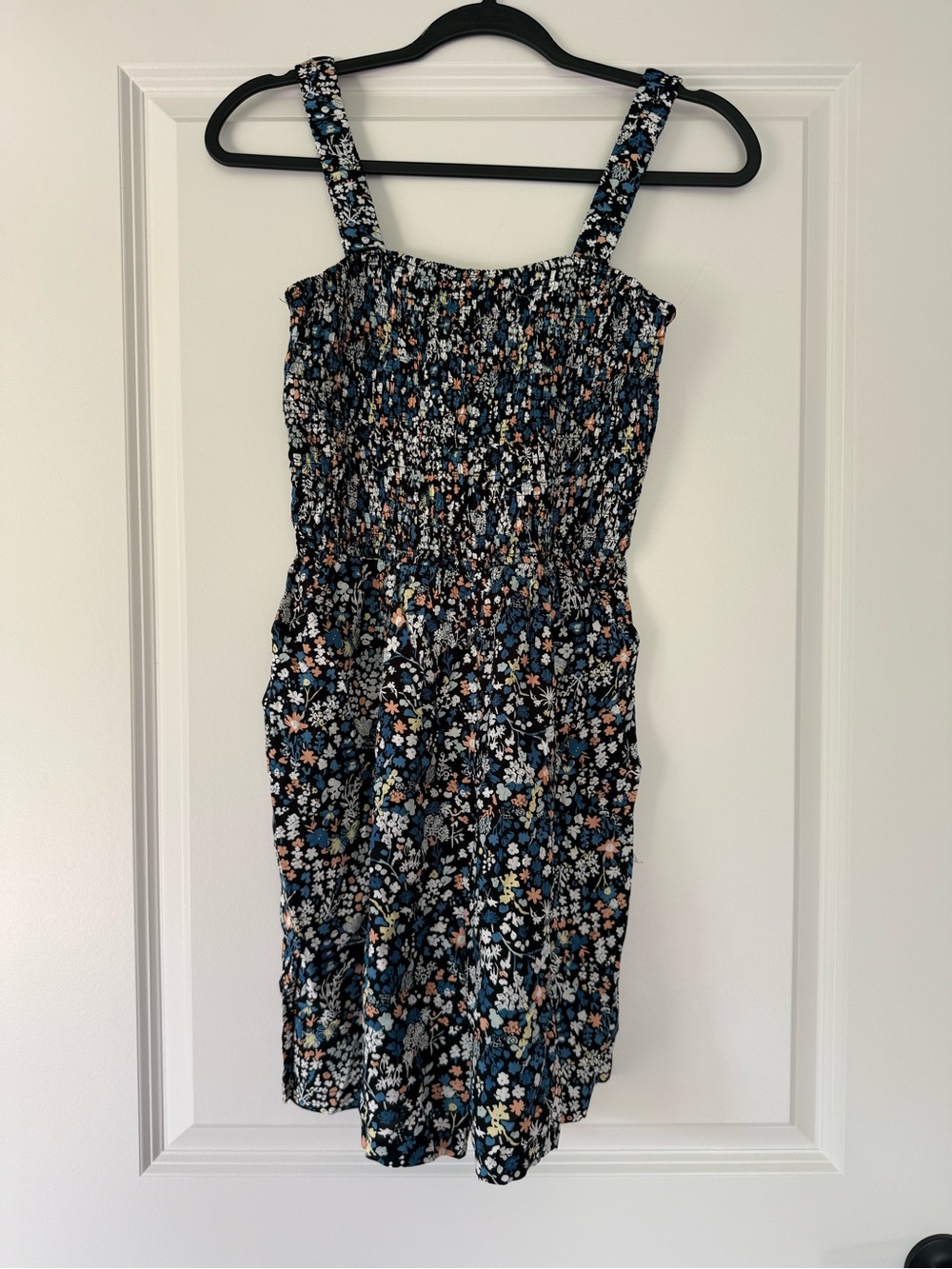 Floral Smocked Jumpsuit in Navy with Multicolor Blossoms